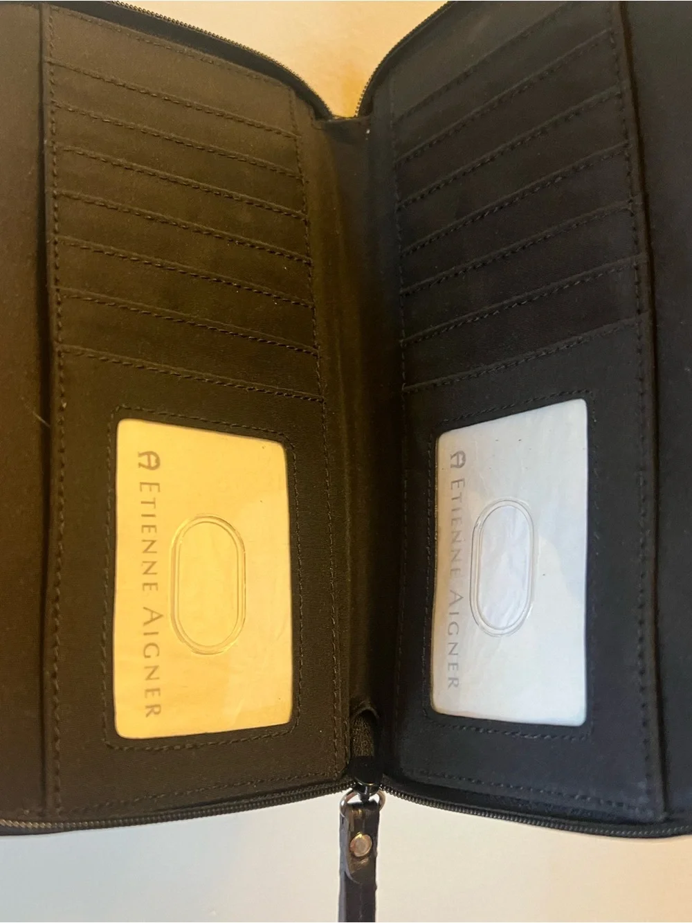 Etienne Aigner Black Leather Zip-Around Wallet with Gold Accents